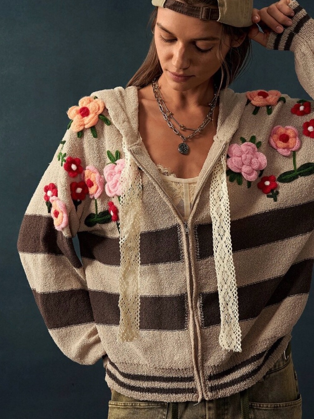 Floral patchwork boho 3d Embroidered Cream & Brown Striped Zip Hoodie Sweater